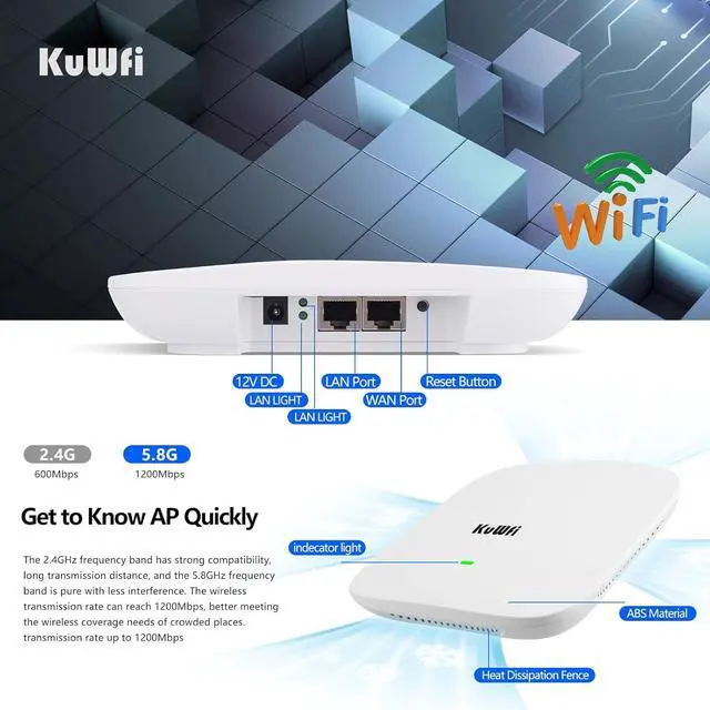 Alt view image 4 of 7 - KuWFi WiFi 6 Extender 2.4G&5.8G Long-Range Repeater AX1800 WiFi 6 Indoor Ceiling-Mounted AP Router 48V PoE Powered 1800Mbps High Speed for House, Office, Apartment