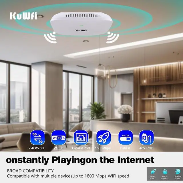 Alt view image 6 of 7 - KuWFi WiFi 6 Extender 2.4G&5.8G Long-Range Repeater AX1800 WiFi 6 Indoor Ceiling-Mounted AP Router 48V PoE Powered 1800Mbps High Speed for House, Office, Apartment