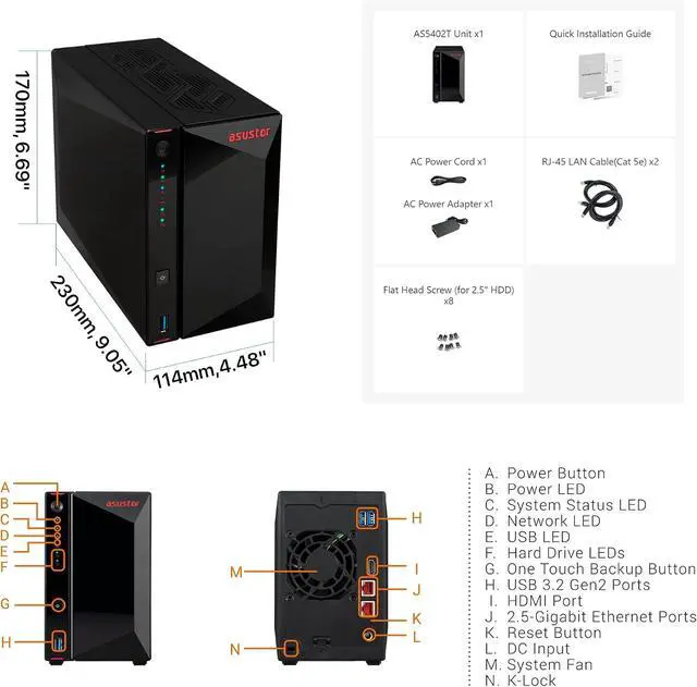 Alt view image 2 of 6 - Asustor AS5402T, 2 Bay NAS, Intel Quad-Core 2.0GHz CPU, 4X M.2 NVMe SSD Slots, 2x2.5GbE Ports, 4GB DDR4 RAM, Cloud Storage for Gaming and Live Stream, Network Attached Storage(Diskless)