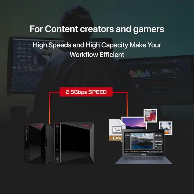 Alt view image 3 of 6 - Asustor AS5402T, 2 Bay NAS, Intel Quad-Core 2.0GHz CPU, 4X M.2 NVMe SSD Slots, 2x2.5GbE Ports, 4GB DDR4 RAM, Cloud Storage for Gaming and Live Stream, Network Attached Storage(Diskless)