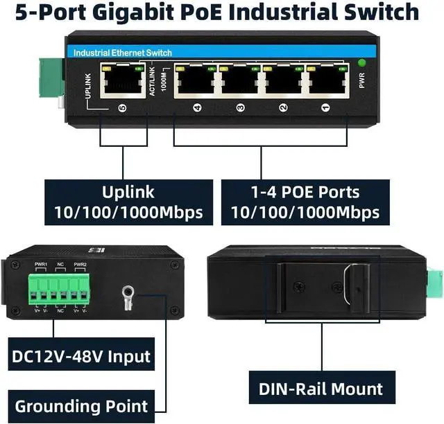 Alt view image 3 of 6 - Outdoor PoE Switch 5port Gigabit Ethernet Switch with DC12V-48V Voltage Input and DC48V Output 30W PoE+ Switch Total 120W Budget Din-Rail Unmanaged Network Switch for Solar Power System