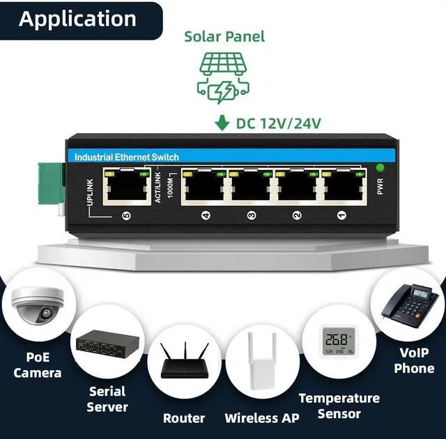 Alt view image 6 of 6 - Outdoor PoE Switch 5port Gigabit Ethernet Switch with DC12V-48V Voltage Input and DC48V Output 30W PoE+ Switch Total 120W Budget Din-Rail Unmanaged Network Switch for Solar Power System