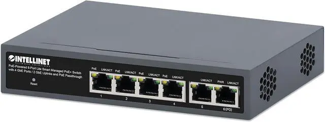 Main image of Intellinet PoE Powered 6 Port Managed Gigabit Ethernet Switch with PoE Passthrough - 2 Gb Uplink Ports, 60W Power Budget via AC Power or POE PD, 30W per Port, Smart Management3 Yr Mfg Warranty-562034