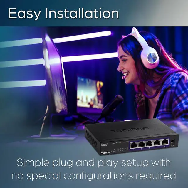 Alt view image 5 of 7 - TRENDnet 5-Port Unmanaged 2.5G Gaming Switch, TEG-S350, 5 x 2.5GBASE-T Ports, 25Gbps Switching Capacity, Ethernet Splitter, NDAA & TAA Compliant, Fanless, Wall Mountable, Lifetime Protection, Black