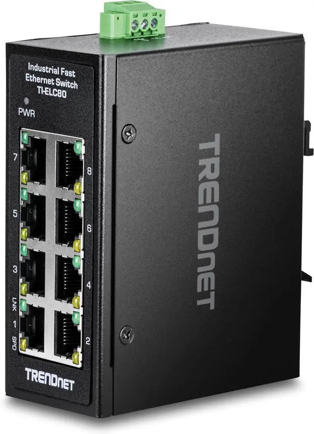 Main image of TRENDnet 8-Port Industrial Fast Ethernet DIN-Rail Mini Switch, TI-ELC80, 8 x 10/100Mbps Ports, IP30 Rated Housing, 1Gbps Switching Capacity, Black