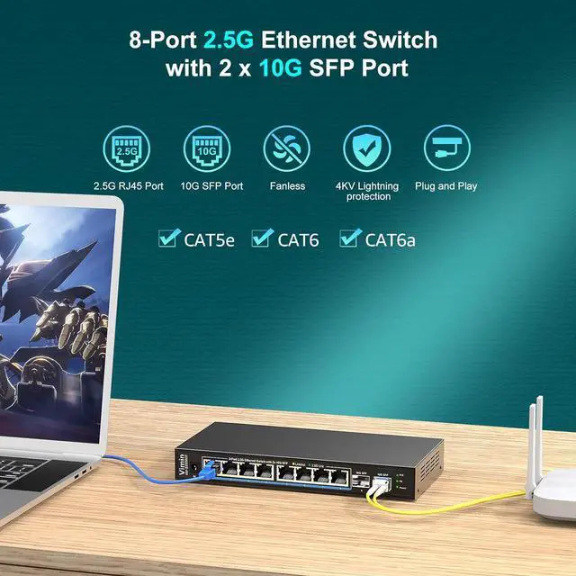Alt view image 2 of 7 - 10 Port 2.5G Unmanaged Ethernet Switch, VIMIN 8X 2.5G Switch Base-T Ports, 2X 10G SFP Port, 80Gbps Switching Capacity, IEEE802.3, Metal Housing, Fanless, Work for 2.5Gbps NAS, Wireless AP & PC