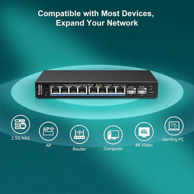 Alt view image 3 of 7 - 10 Port 2.5G Unmanaged Ethernet Switch, VIMIN 8X 2.5G Switch Base-T Ports, 2X 10G SFP Port, 80Gbps Switching Capacity, IEEE802.3, Metal Housing, Fanless, Work for 2.5Gbps NAS, Wireless AP & PC