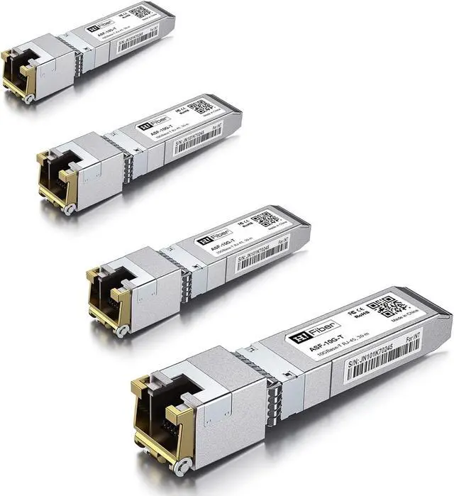 Main image of H!Fiber.com 4 Pack 10Gb SFP+ RJ45 Module, 10Gbase-T Ethernet SFP+ Copper Transceiver Support 10G/5G/2.5G/1.25G, Compatible with Cisco SFP-10G-T-S, Ubiquiti UF-RJ45-10G, UniFi, TP-Link, MikroTik, 30m