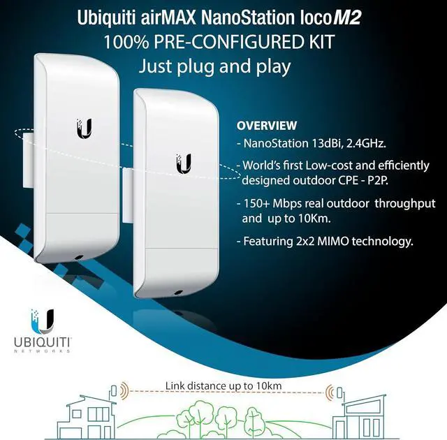 Alt view image 2 of 6 - Wireless Bridge Ubiquiti LOCOM2 PRE-CONFIGURED, Bundle of 2 Ubiquiti Nanostation LOCO M2, Point to Point Outdoor WiFi Bridge, Plugh and Play 2.4GHz, 150+Mbps, 10+km Link Range, Network Bridge