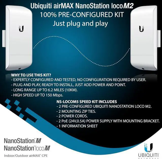 Alt view image 3 of 6 - Wireless Bridge Ubiquiti LOCOM2 PRE-CONFIGURED, Bundle of 2 Ubiquiti Nanostation LOCO M2, Point to Point Outdoor WiFi Bridge, Plugh and Play 2.4GHz, 150+Mbps, 10+km Link Range, Network Bridge