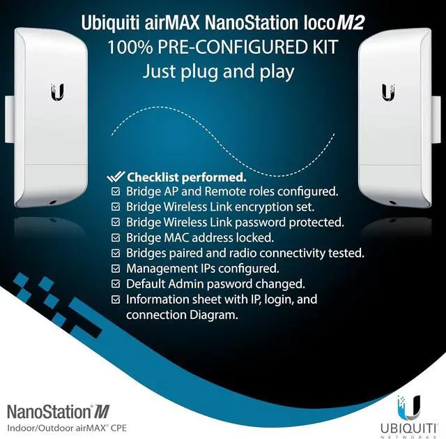 Alt view image 6 of 6 - Wireless Bridge Ubiquiti LOCOM2 PRE-CONFIGURED, Bundle of 2 Ubiquiti Nanostation LOCO M2, Point to Point Outdoor WiFi Bridge, Plugh and Play 2.4GHz, 150+Mbps, 10+km Link Range, Network Bridge