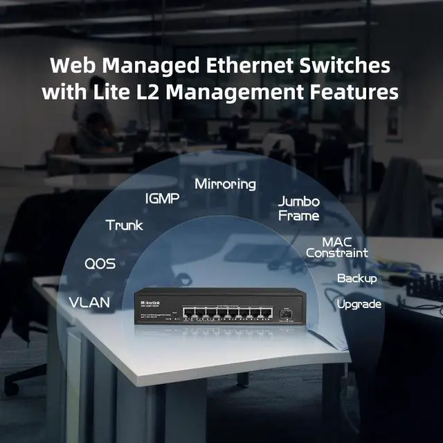 Alt view image 5 of 7 - MokerLink 8 Port 2.5 Gigabit PoE Web Managed Switch with 10G SFP, 8 Port PoE IEEE802.3af/at, 120W, Managed Fanless Wall Mountable Network Switch