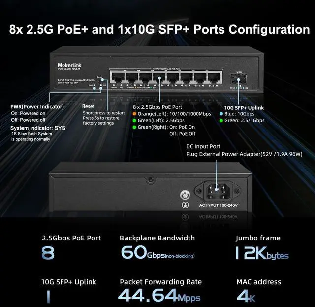 Alt view image 6 of 7 - MokerLink 8 Port 2.5 Gigabit PoE Web Managed Switch with 10G SFP, 8 Port PoE IEEE802.3af/at, 120W, Managed Fanless Wall Mountable Network Switch