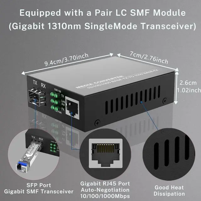 Alt view image 5 of 7 - A Pair of 1.25G/s Bidi Gigabit Single-Mode Fiber Ethernet Media Converter with 2PCS Bidi SFP LC Transceiver Module Included, 10/100/1000Base-Tx to 1000Base-SX SMF RJ45 to SFP Slot up to 30KM