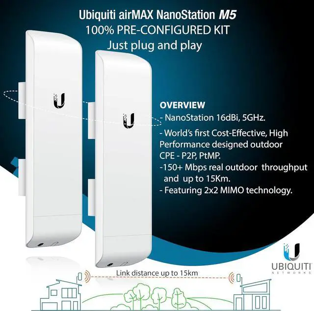 Alt view image 5 of 7 - Wireless Bridge Ubiquiti NSM5 PRE-CONFIGURED Bundle of 2 Ubiquiti NanoStation M5 with 2 Poles, Point to Point Outdoor WiFi Bridge, Plugh and Play, 5GHz, 150+Mbps, 15km Link Range, Network WiFi Bridge.