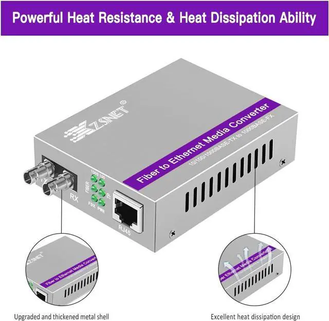 Alt view image 3 of 7 - A Pair of Gigabit ST to RJ45 Converter, Single-Mode Fiber to Ethernet Media Converter (Built-in Module, 1310nm, 20km), Plug & Play, 10/100/1000 Base-T Compatible, Auto-Negotiation, Jumbo Frame