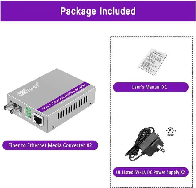 Alt view image 7 of 7 - A Pair of Gigabit ST to RJ45 Converter, Single-Mode Fiber to Ethernet Media Converter (Built-in Module, 1310nm, 20km), Plug & Play, 10/100/1000 Base-T Compatible, Auto-Negotiation, Jumbo Frame