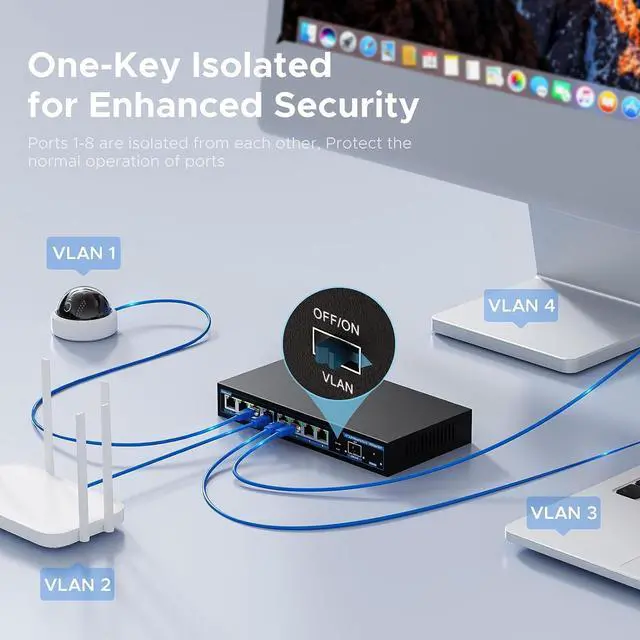 Alt view image 6 of 7 - 8 Port 2.5G Switch with 1*10G SFP+, x 2.5Gb Base-T & 1 10Gbs Vlan, Multi-Speed Network Switch, Compatible Gigabit 10Gb, Desktop/Wall Mount, Ideal for AP, NAS, PC,Office