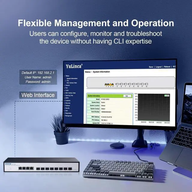 Alt view image 7 of 7 - YuLinca 12 Port 10Gbps Managed Switch, 8 x 10G SFP+ Slots with 4 x 10G RJ-45 PortsSupport 10G/5G/2.5G/1000M Auto-NegotiationSmart Web Managed Gaming Switch