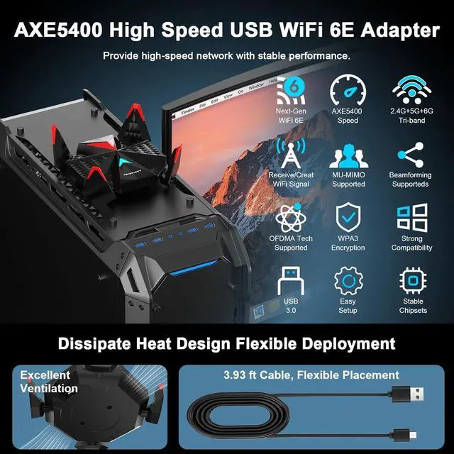 Alt view image 7 of 7 - NEWFAST WiFi 6E USB Adapter for Desktop PC U357, AXE5400 Wireless Network Adapter Tri-Band Wireless USB WiFi A-dapter for PC, WiFi Dongle with 4 Antennas Supports Windows 11/10