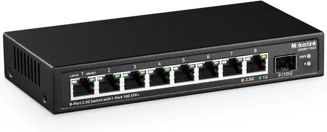 Main image of MokerLink 8 Port 2.5Gigabit Ethernet Switch with 10G SFP Slot, 8 x 2.5G Base-T Ports Compatible with 10/100/1000Mbps, Metal Unmanaged Fanless Small Network Switch