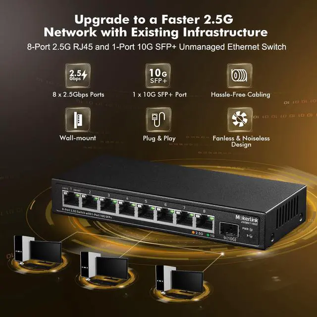 Alt view image 2 of 7 - MokerLink 8 Port 2.5Gigabit Ethernet Switch with 10G SFP Slot, 8 x 2.5G Base-T Ports Compatible with 10/100/1000Mbps, Metal Unmanaged Fanless Small Network Switch