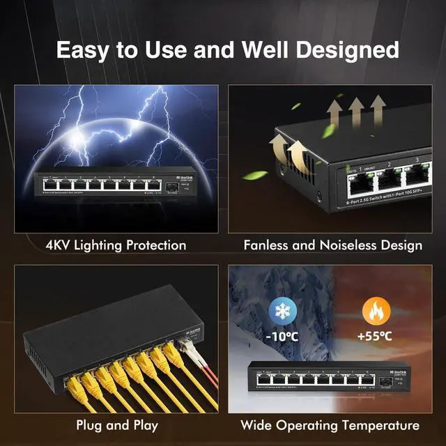 Alt view image 6 of 7 - MokerLink 8 Port 2.5Gigabit Ethernet Switch with 10G SFP Slot, 8 x 2.5G Base-T Ports Compatible with 10/100/1000Mbps, Metal Unmanaged Fanless Small Network Switch