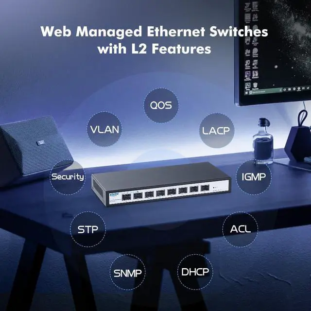 Alt view image 6 of 7 - YuLinca 8 Port 10Gbps SFP+ Managed Switch, Support 1G/2.5G/10G SFP Module, 160Gbps Bandwidth, Desktop|Wallmount Metal Fanless Managed Fiber Switch