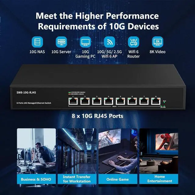 Alt view image 3 of 7 - 8 Port 10Gb RJ45 Web Managed Ethernet Network Switch with 8 x 10 Gigabit Base-T Port | 10Gbps Multi-Gig Swicth Support 10G-5G-2.5G-1G-100M | Rack Mount | 160G Bandwidth | Sturdy Metal Casing