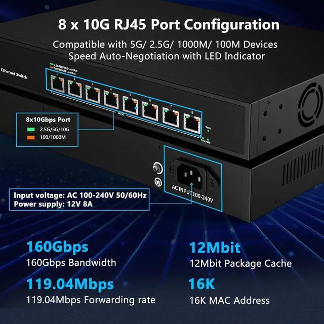 Alt view image 4 of 7 - 8 Port 10Gb RJ45 Web Managed Ethernet Network Switch with 8 x 10 Gigabit Base-T Port | 10Gbps Multi-Gig Swicth Support 10G-5G-2.5G-1G-100M | Rack Mount | 160G Bandwidth | Sturdy Metal Casing