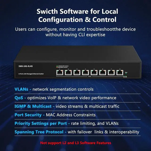 Alt view image 5 of 7 - 8 Port 10Gb RJ45 Web Managed Ethernet Network Switch with 8 x 10 Gigabit Base-T Port | 10Gbps Multi-Gig Swicth Support 10G-5G-2.5G-1G-100M | Rack Mount | 160G Bandwidth | Sturdy Metal Casing