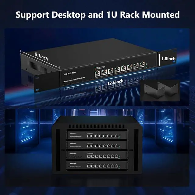 Alt view image 7 of 7 - 8 Port 10Gb RJ45 Web Managed Ethernet Network Switch with 8 x 10 Gigabit Base-T Port | 10Gbps Multi-Gig Swicth Support 10G-5G-2.5G-1G-100M | Rack Mount | 160G Bandwidth | Sturdy Metal Casing