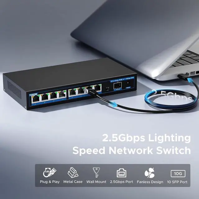 Alt view image 3 of 7 - 8-Port 2.5Gb POE Switch with 1*10Gb SFP+ Uplink, Featuring 9*2.5G PoE Switch, Base-T POE Ports, IEEE802.3af, 120W, Compatible with Gigabit, Metal Fanless,Desktop/Wall Mount, 2.5Gbe Ethernet