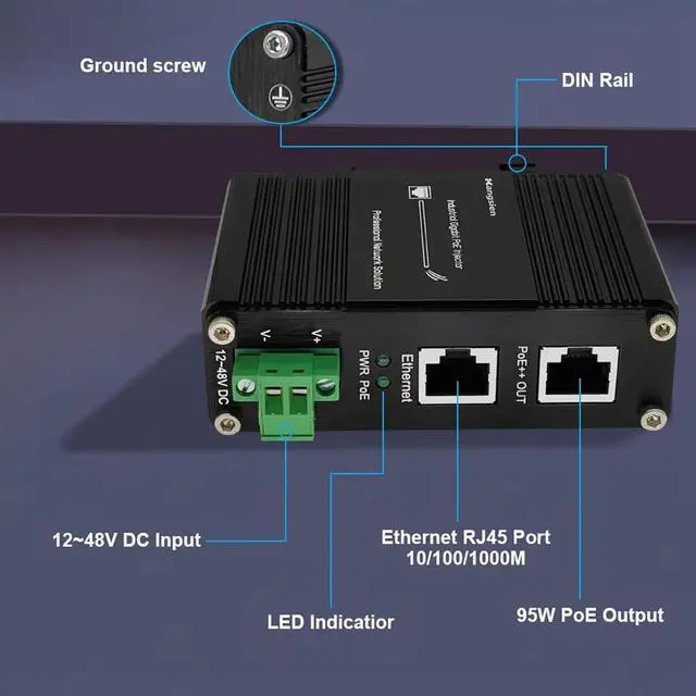 Alt view image 2 of 6 - Industrial Gigabit PoE++ Injector,IEEE 802.3at/802.3af Compliant, 95W PoE Adapter with 12-48V DC Input,Hardened High Power PoE Injector IP40, DIN Rail, Wall Mount
