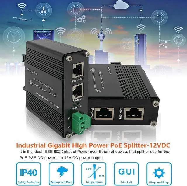 Alt view image 3 of 6 - Industrial Gigabit PoE++ Injector,IEEE 802.3at/802.3af Compliant, 95W PoE Adapter with 12-48V DC Input,Hardened High Power PoE Injector IP40, DIN Rail, Wall Mount