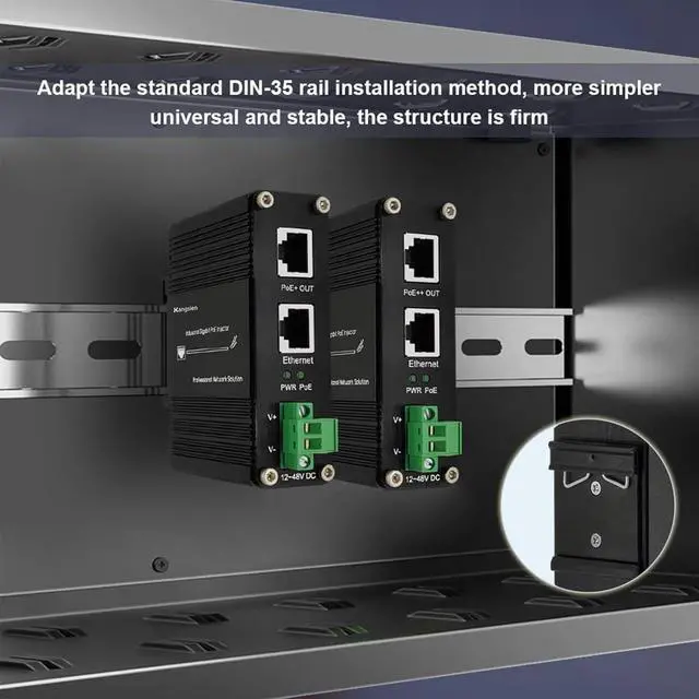 Alt view image 6 of 6 - Industrial Gigabit PoE++ Injector,IEEE 802.3at/802.3af Compliant, 95W PoE Adapter with 12-48V DC Input,Hardened High Power PoE Injector IP40, DIN Rail, Wall Mount