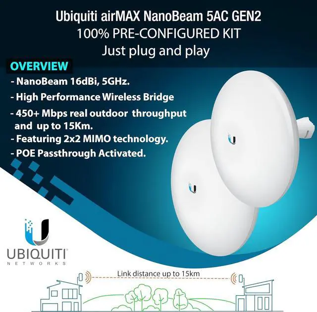 Alt view image 2 of 7 - Wireless Bridge NBE-5AC-GEN2 PRE-CONFIGURED Bundle of 2 Ubiquiti NanoBeam 5AC GEN2, 2 Units Kit 100% Configured as Outdoor Point-to-Point Wi-Fi Bridge, Plug and Play, 450+ Mbps Speed, 15+ km Range.