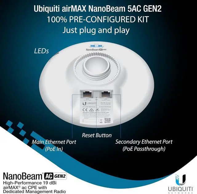Alt view image 7 of 7 - Wireless Bridge NBE-5AC-GEN2 PRE-CONFIGURED Bundle of 2 Ubiquiti NanoBeam 5AC GEN2, 2 Units Kit 100% Configured as Outdoor Point-to-Point Wi-Fi Bridge, Plug and Play, 450+ Mbps Speed, 15+ km Range.