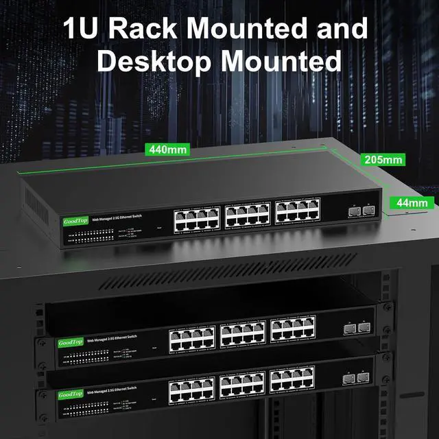 Alt view image 7 of 7 - 24 Port 2.5Gb Web Managed Switch,24 x 2.5G Port,2 x 10G SFP+,160Gbps Bandwidth Smart Managed Network Switch with LACP/VLAN/QoS/DHCP Client,Fanless Metal Ethernet Switch,1U Rack Mounted