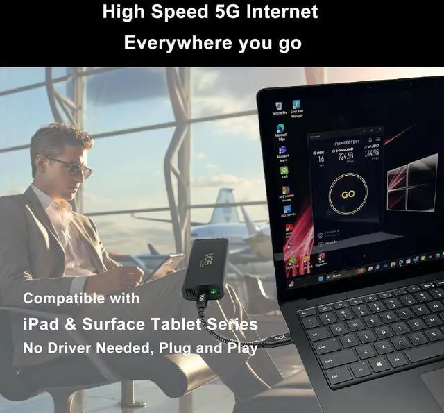Alt view image 7 of 7 - Tri Cascade VOS 5G Cellular Travel Internet, Qualcomm Snapdragon X55 5G Modem-RF Full 5G Spectrum System Global Access Supports macOS, iPadOS, Windows, Linux, USB C Dongle
