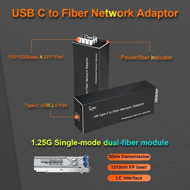 Alt view image 2 of 7 - USB 3.0 to 100/1000base-X SFP Gigabit Fiber Network Adapter