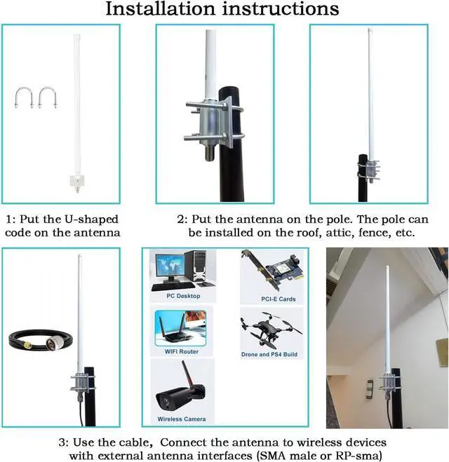 Alt view image 3 of 6 - Outdoor WiFi Omni Directional Antenna, Dual Band 2.4GHz 5GHz 12dBi High Gain Long Range WiFi Antenna for Wireless Access Point/Wi-Fi Camera/Wireless Router, RP-SMA,SMA Male