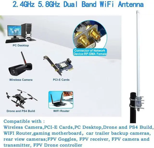 Alt view image 5 of 6 - Outdoor WiFi Omni Directional Antenna, Dual Band 2.4GHz 5GHz 12dBi High Gain Long Range WiFi Antenna for Wireless Access Point/Wi-Fi Camera/Wireless Router, RP-SMA,SMA Male