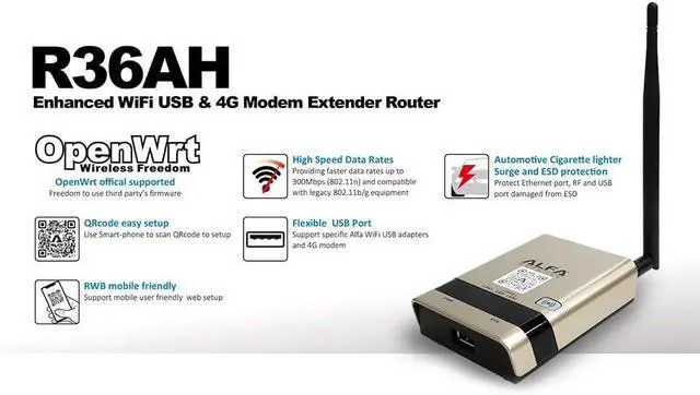 Alt view image 2 of 3 - Alfa R36AH WPS Wireless Router 2.4GHz, 802.11n, 1x Internal Antenna, 1x Detachable High Gain Antenna, 1x USB Port, for Alfa USB WiFi Adapter, Windows, MacOS