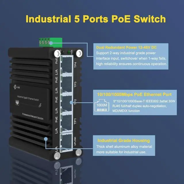 Alt view image 2 of 6 - Mini Industrial 4-Port 10/100/1000BASE-T 802.3at PoE + 1-Port 10/100/1000T Ethernet Switch, Din Rail Unmanaged 10/100/1000Mbps Network Switch 30W/Port Max 120W 12-48V DC Thick Shell