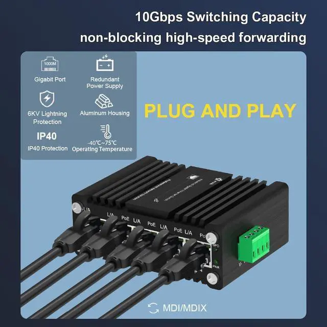 Alt view image 5 of 6 - Mini Industrial 4-Port 10/100/1000BASE-T 802.3at PoE + 1-Port 10/100/1000T Ethernet Switch, Din Rail Unmanaged 10/100/1000Mbps Network Switch 30W/Port Max 120W 12-48V DC Thick Shell