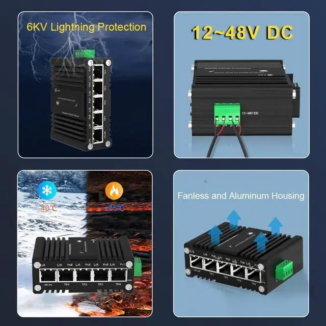 Alt view image 6 of 6 - Mini Industrial 4-Port 10/100/1000BASE-T 802.3at PoE + 1-Port 10/100/1000T Ethernet Switch, Din Rail Unmanaged 10/100/1000Mbps Network Switch 30W/Port Max 120W 12-48V DC Thick Shell