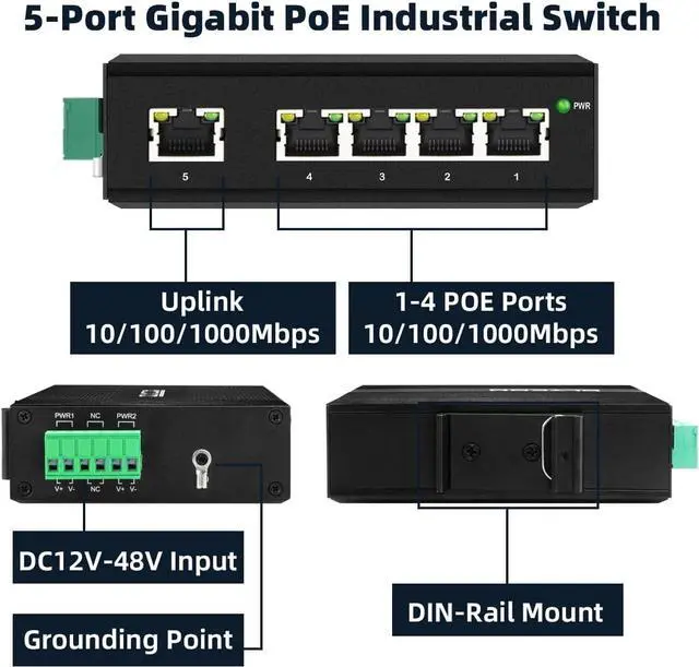 Alt view image 2 of 7 - Industrial 5 Ports Gigabit POE+ Network Switch with DC12V-48V Input and DC48V IEEE802.3af/at 30W POE Output 120W Total for Solar Power/Truck/VoIP Systems/CCTV Security System