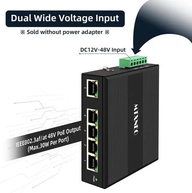 Alt view image 3 of 7 - Industrial 5 Ports Gigabit POE+ Network Switch with DC12V-48V Input and DC48V IEEE802.3af/at 30W POE Output 120W Total for Solar Power/Truck/VoIP Systems/CCTV Security System