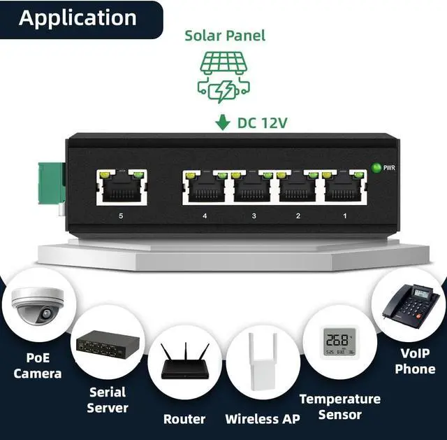 Alt view image 7 of 7 - Industrial 5 Ports Gigabit POE+ Network Switch with DC12V-48V Input and DC48V IEEE802.3af/at 30W POE Output 120W Total for Solar Power/Truck/VoIP Systems/CCTV Security System